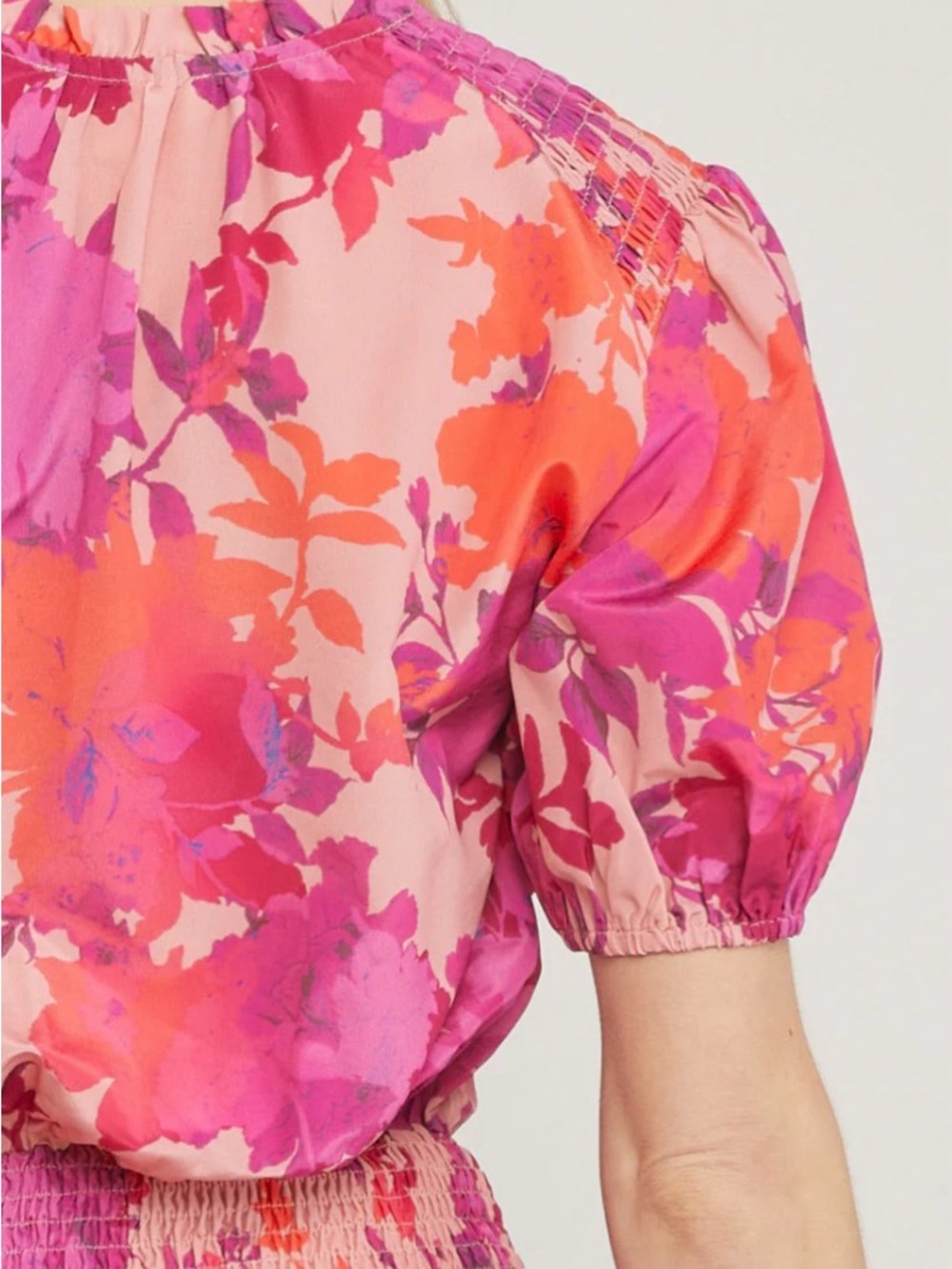 Boutique Vibrant Pink & Coral Floral Smocked Waist Dress by FIRST❤️ LOVE BRB SL4 - Picture 8 of 11